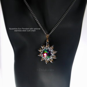Byzantine Sun pendant in steampunk style with stainless steel curb chain