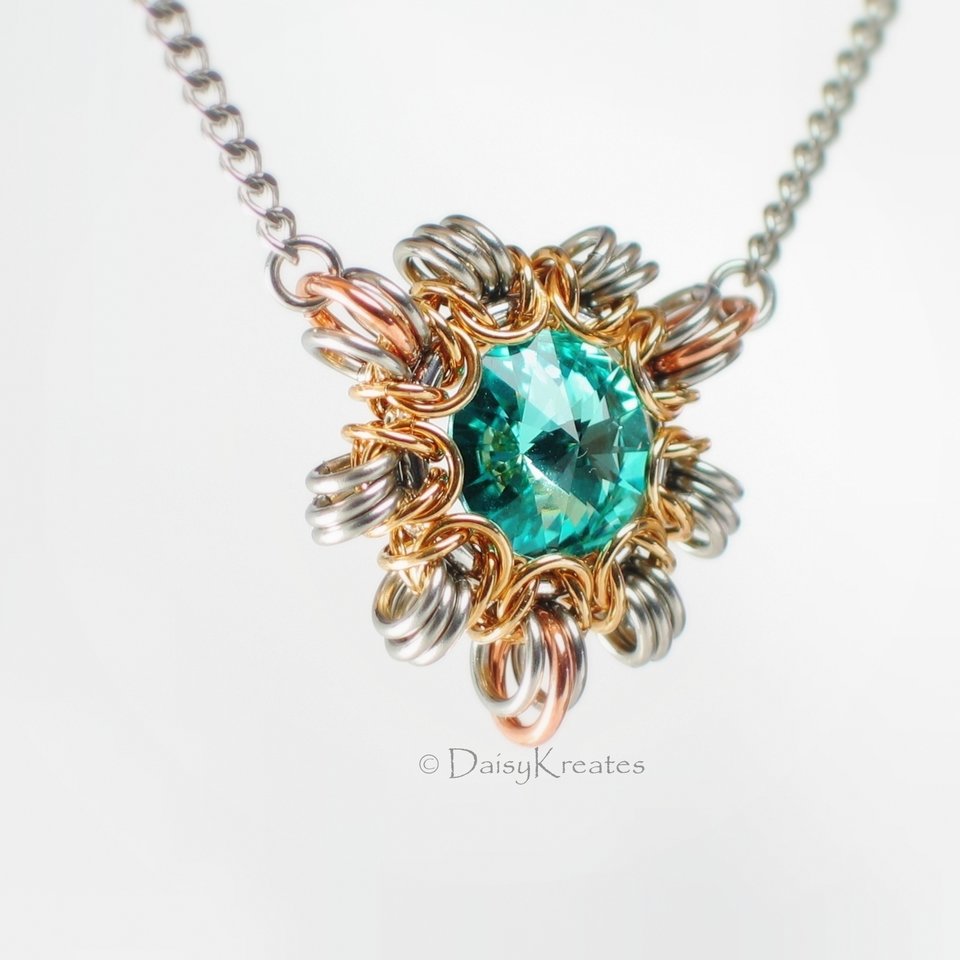 Byzantine Sun necklace with smaller pendant in Swarovski turquoise blue