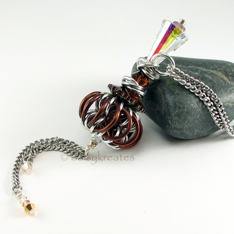 Genie Bottle Necklace with Brown Chainmaille Whirlybird Pendant