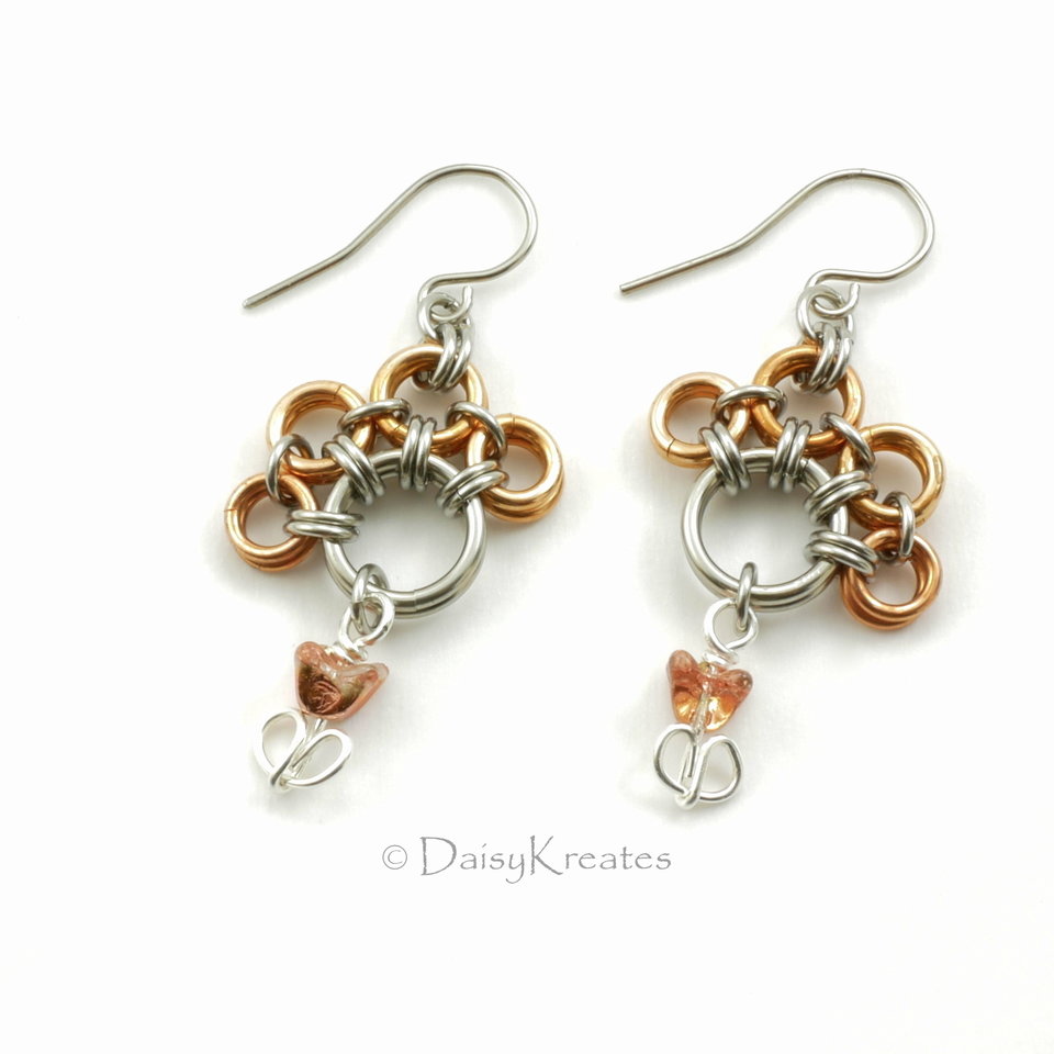 Mix metals PawPrints earrings in bronze and steel with tulip beads