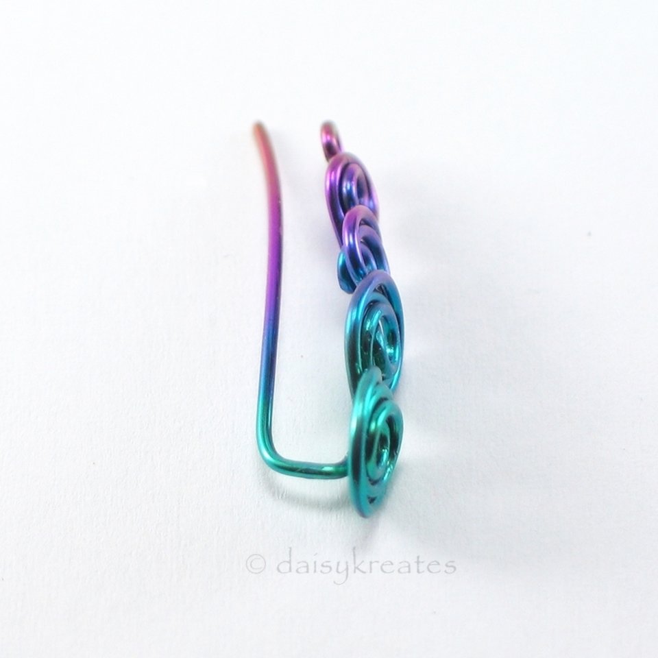 Multicolor Koru Spiral Ear Climber in Anodized Pure Niobium