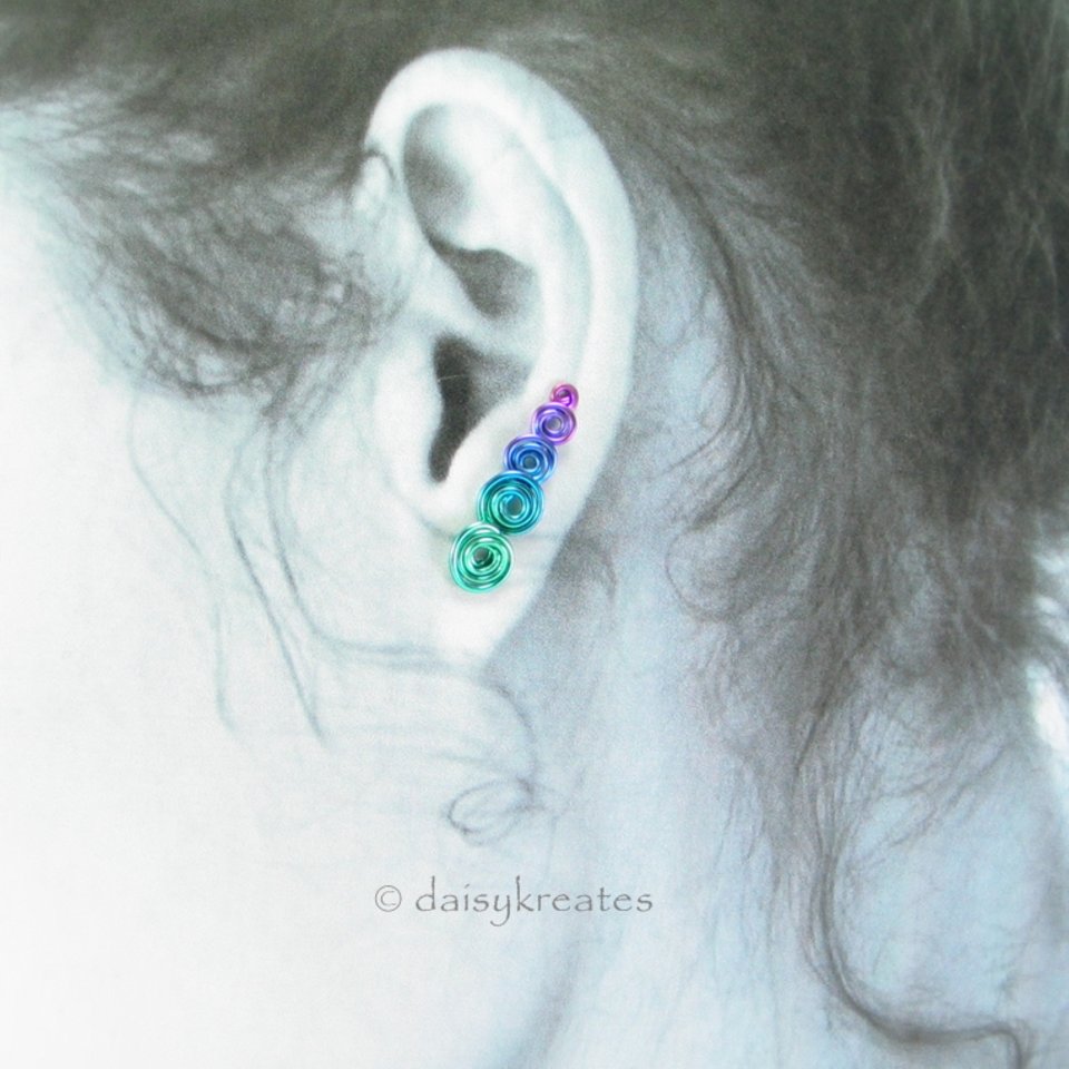 Multicolor Koru Spiral Ear Climber in Anodized Pure Niobium