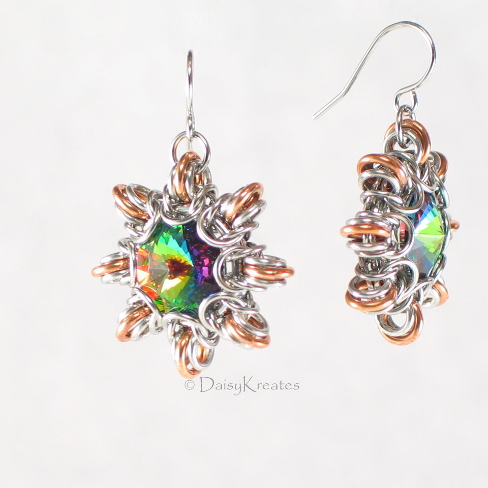 Byzantine Sun Earrings with Captured 12mm Swarovski Rivoli tempdks.indiemade