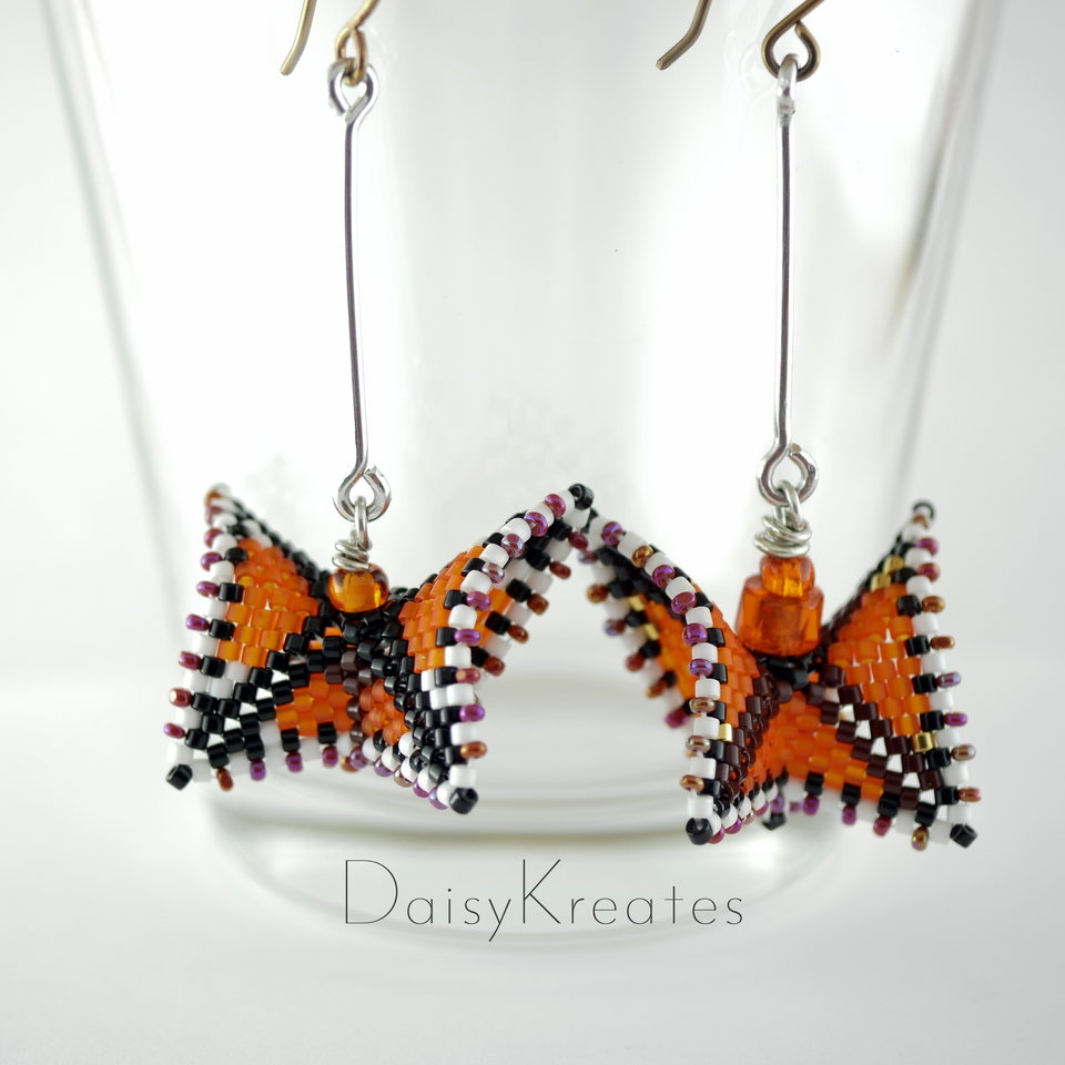 Beaded Monarch Butterfly earrings in orange and black Delica beads