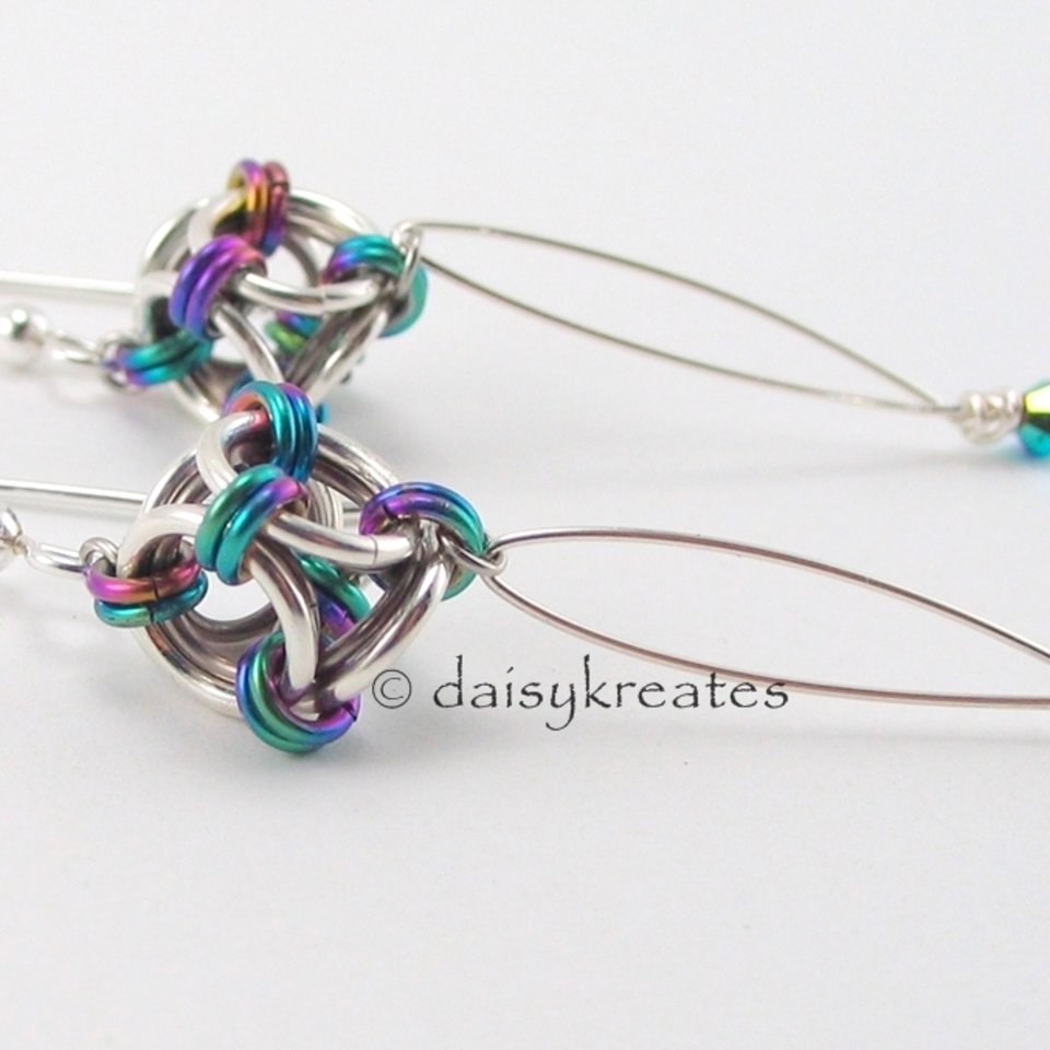 Japanese Polyhedron Nox Earrings in shiny sterling silver and colorful anodized