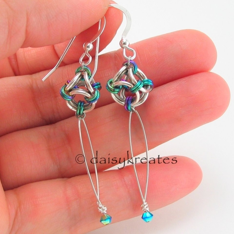 These pretty earrings are made of sterling silver, natural titanium, anodized ni
