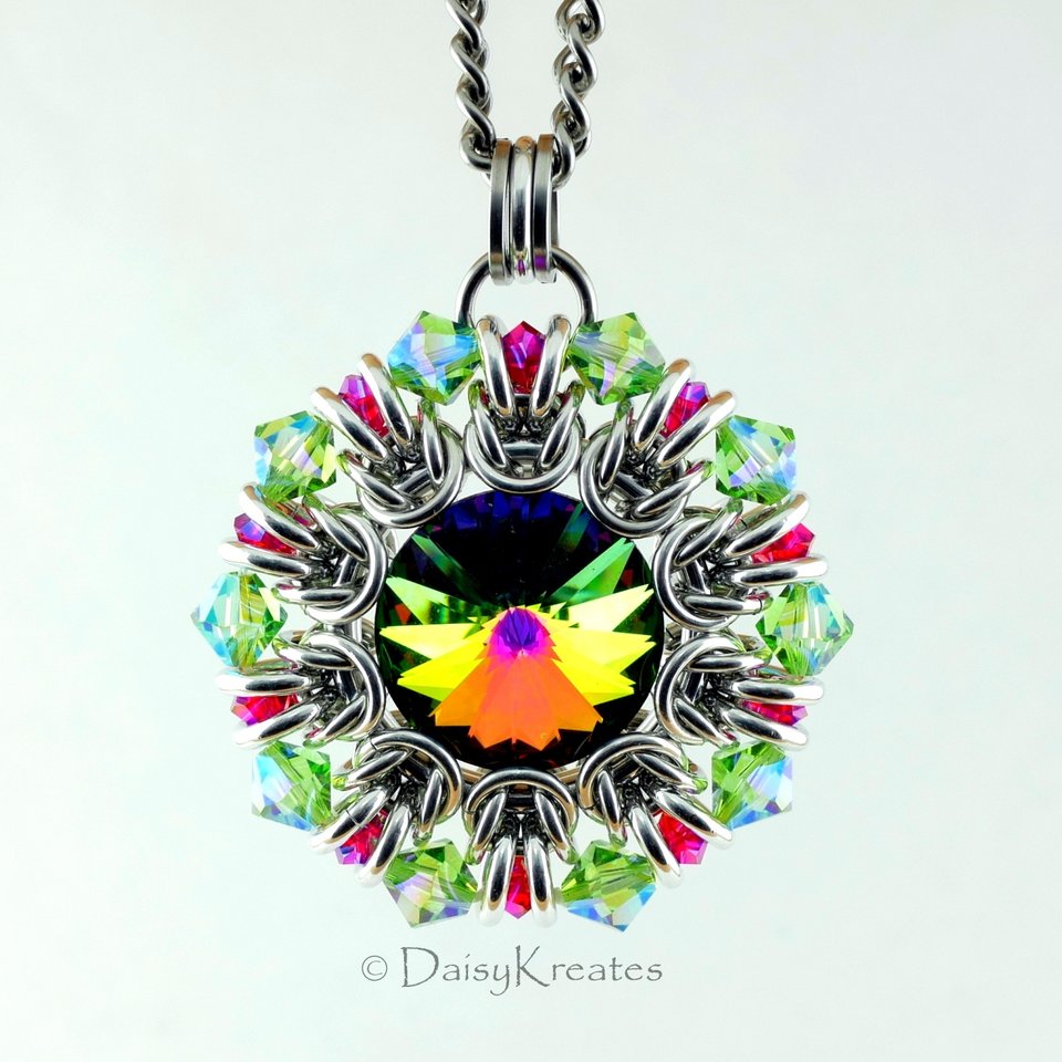Red Green Helios Sunburst pendant with Swarovski crystals