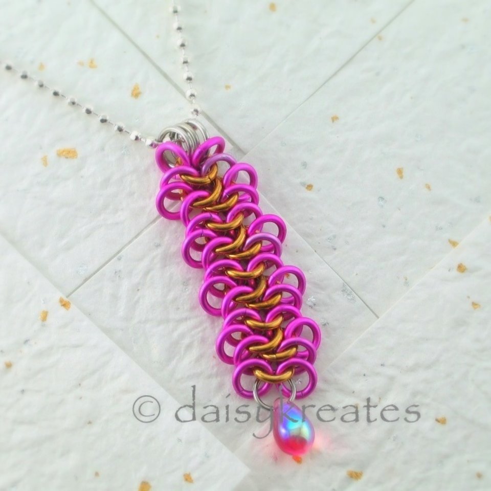 Fuchsia Ruffly Ribbon Strangemaille Pendant on 18"+1" Adjustable Ball Chain