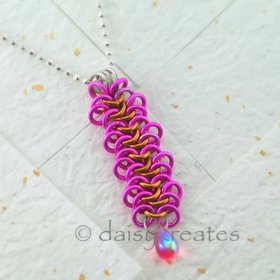 Fuchsia Ruffly Ribbon Strangemaille Pendant on 18"+1" Adjustable Ball Chain