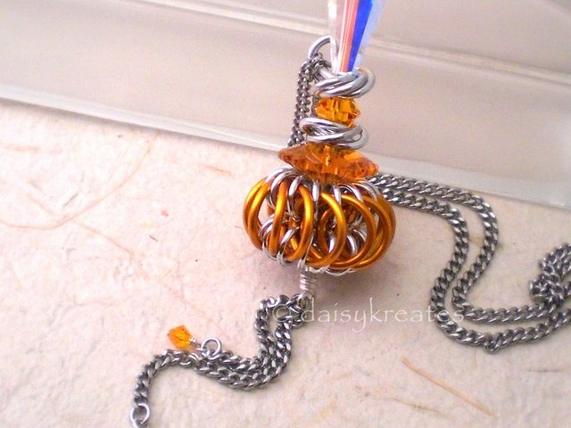 Genie Bottle Necklace with Orange Chainmaille Whirlybird Pendant
