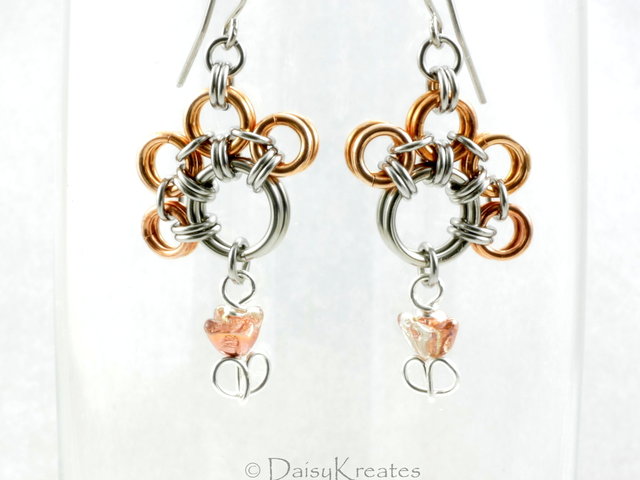 Mix metals PawPrints earrings in bronze and steel with tulip beads